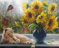 Без бренда «Подсолнухи в синей вазе возле кота» в Екатеринбурге 