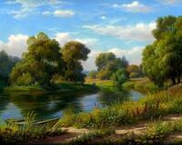 Картина по номерам «Деревья и лодка у летнего озера»