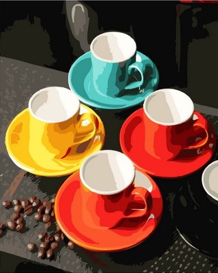 Картина по номерам 40x50 Четыре ярких чашечки для кофе