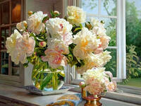 Без бренда «Ваза с букетом белых пионов у окна» в Екатеринбурге 