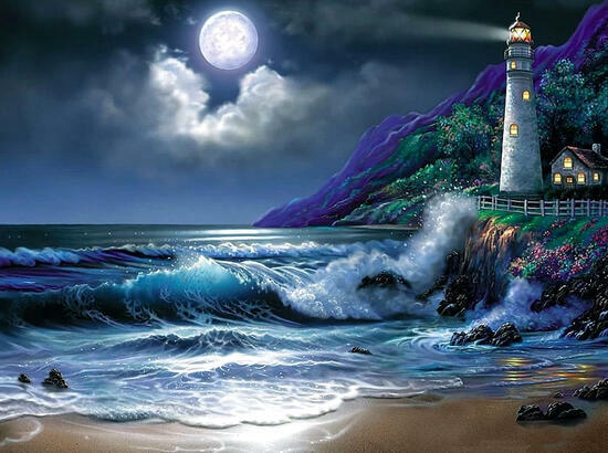 Картина по номерам 40x50 Полная луна и маяк у моря