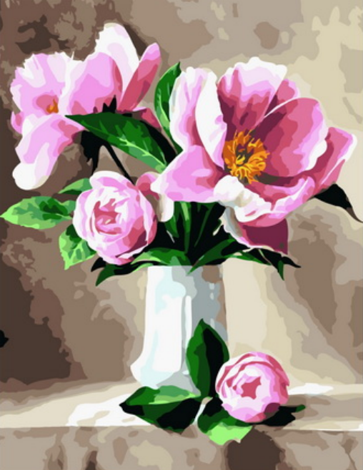 Картина по номерам 40x50 Нежные крупные пионы в белой вазочке
