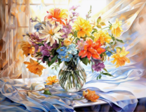 Яркий букет в стеклянной вазе на столе