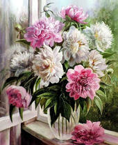 Без бренда «Пионы в прозрачной вазе у окна» в Екатеринбурге 
